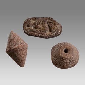 Lot of 3 Medieval, Pottery Spindle, stone seal, Balance weight,