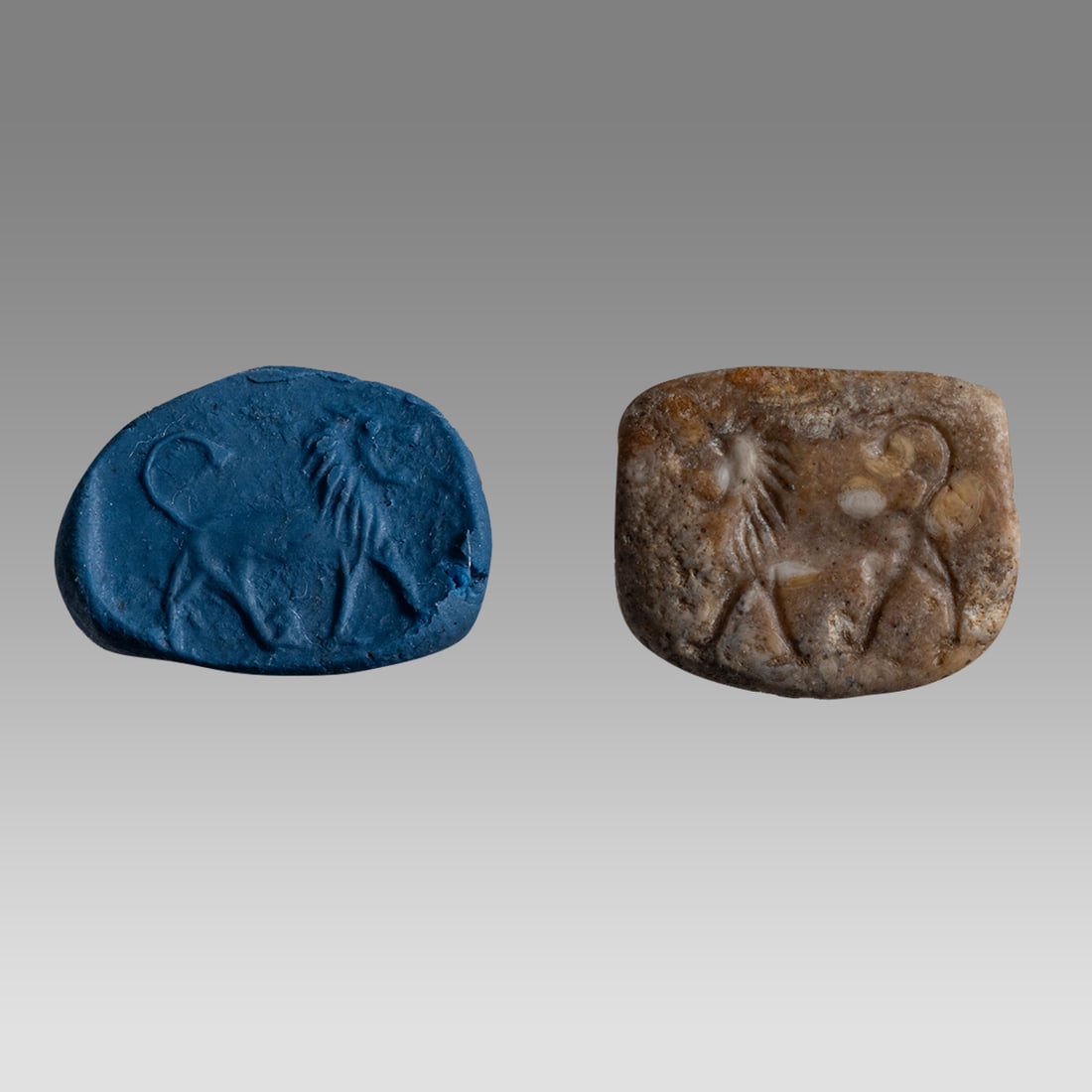 Near Eastern Stone Seal c.650 BC.: Near Eastern Stone Seal c.650 BC. Size 17 x 14 mm. Brown stone seal with lion, suspension hole through, Ex NYC Collection acquired in the USA Market 1990s