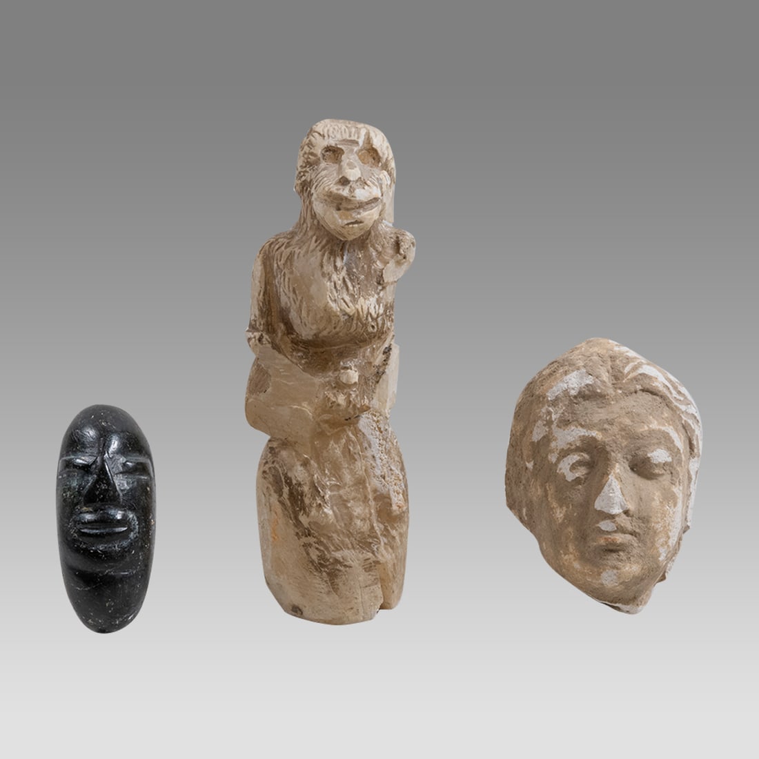 Ancient Gandharan Stucco Head of Buddha, Stone Monkey, Black Stone Head. (3) (1 of 3)