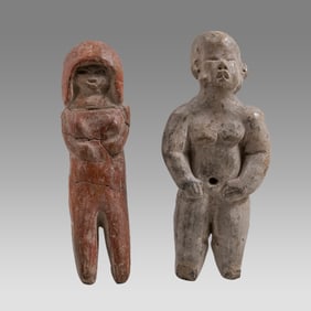 Lot of 2 Ancient Pre Columbian Pottery Figures. Valdivia III 2200-2000 BC, and Colima.