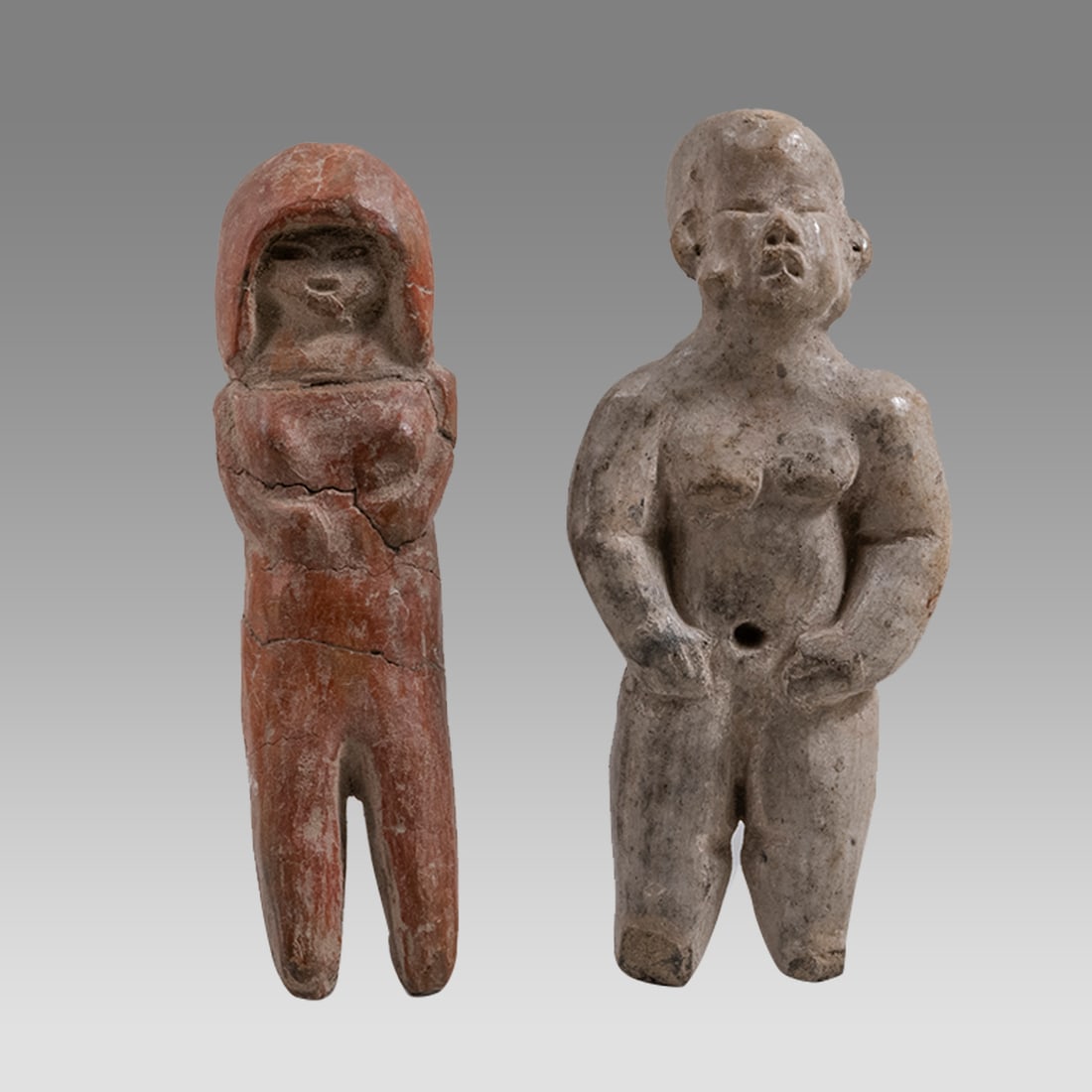 Lot of 2 Ancient Pre Columbian Pottery Figures. Valdivia III 2200-2000 BC, and Colima. (1 of 3)
