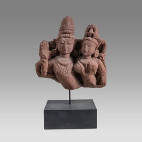 India, Red Sandstone Figural Fragment of Shiva and Parvati.