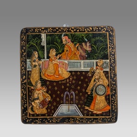 Antique Indian, Papier Mache Panel with Figures. Late 19th century, Early 20th.