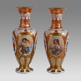 19th century Pair Of Bohemian Red and White Glass Vases.