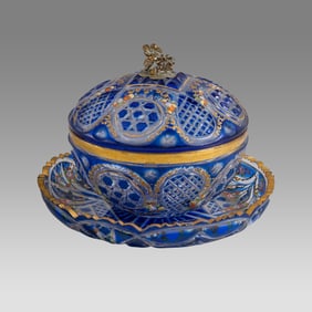 19th century Bohemian Blue Glass Bonbonniere with lid and plate made for the Ottoman Market.