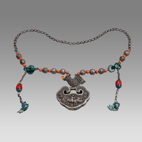 Chinese Silver, Coral & Bead Necklace Ching Dynasty through early 20th Cent.