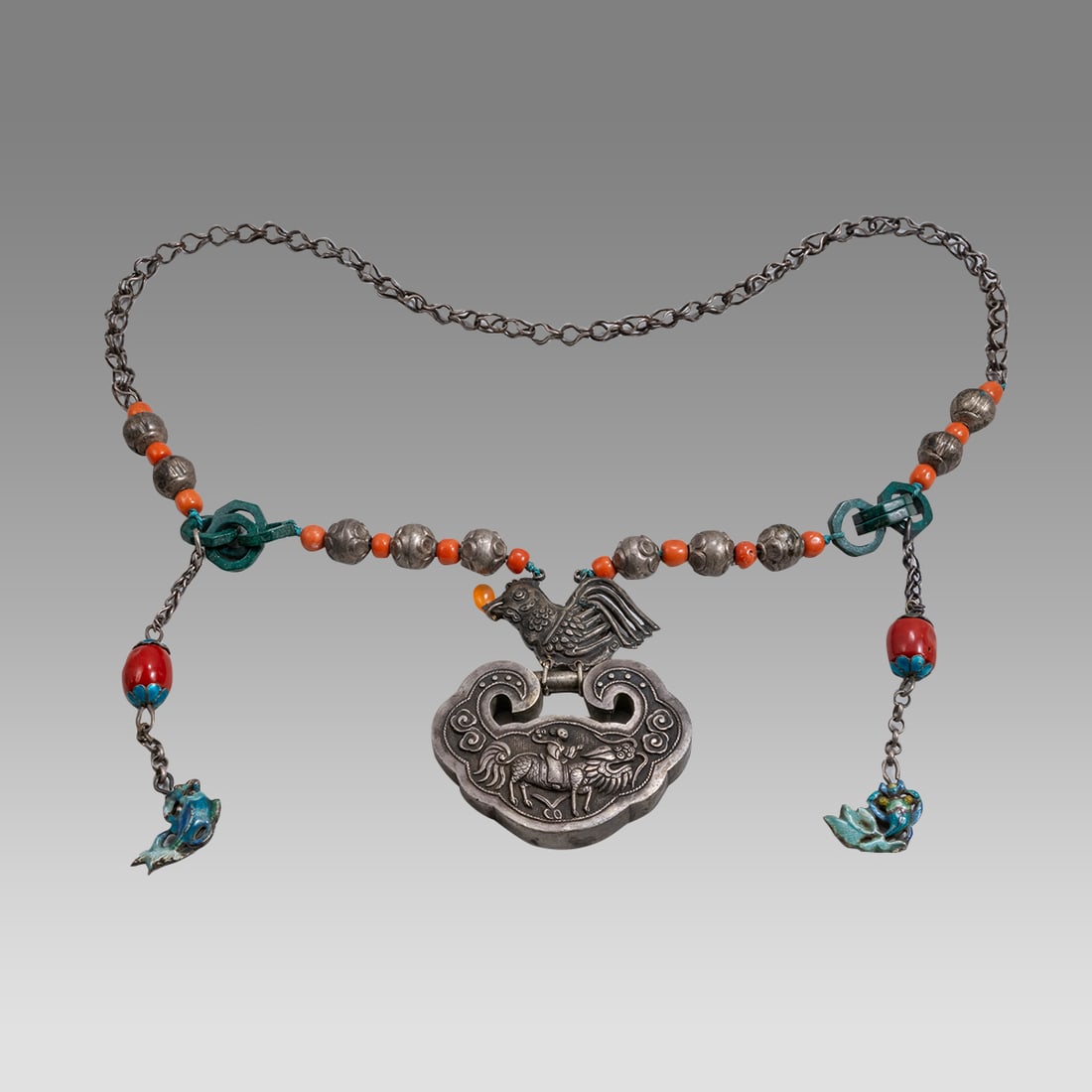 Chinese Silver, Coral & Bead Necklace Ching Dynasty through early 20th Cent. (1 of 2)