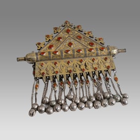 Large antique Tekke Turkoman tumar. High grade silver with gold fire gilding and carnelian stone