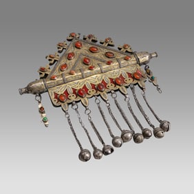 Large antique Tekke Turkoman tumar. High grade silver with gold fire gilding and carnelian stone