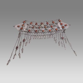 Antique Ersari Turkoman diadem head ornament. High grade silver with carnelian stones.