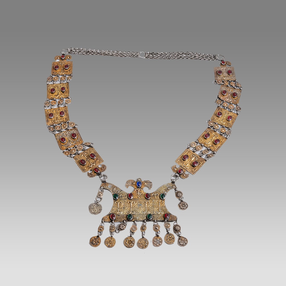 Antique Tekke pectoral necklace. High grade silver with gold fire gilding and glass stone insets. (1 of 2)