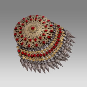 Large antique Tekke Turkoman cloak button. High grade silver with gold fire gilding and red glass