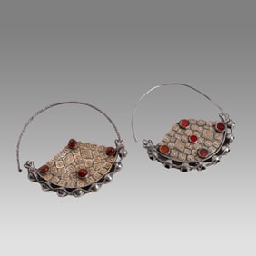 Antique Tekke Turkoman earrings/temporals. High grade silver with gold fire gilding and carnelian