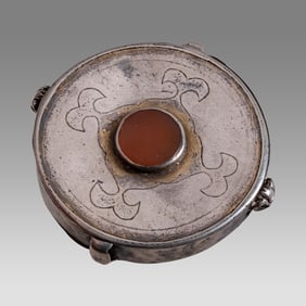Antique Ersari Turkoman container box pendant. High grade silver with fire gilding and table cut