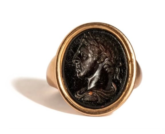 A Neoclassical Gold and Glass Finger Ring with a Portrait Head of a Roman Emperor (1 of 2)
