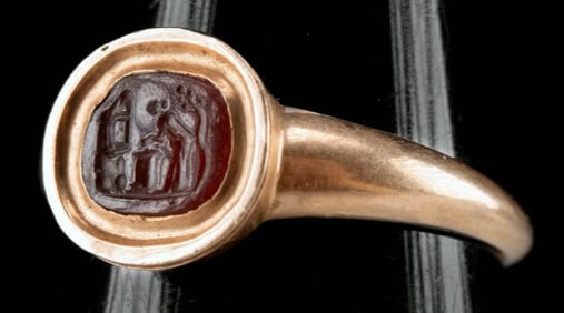 A Neoclassical Carnelian Intaglio Gold Ring  Western Europe, likely England or France, ca. 18th cent
