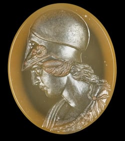 Neoclassical Agate Intaglio Bust of Helmeted Athena Europe Ca. 19th century.