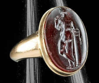 Ancient Greek Glass Ring Stone with the Goddess Venus Set in a gold ring Circa 2nd-1st Century B.C.