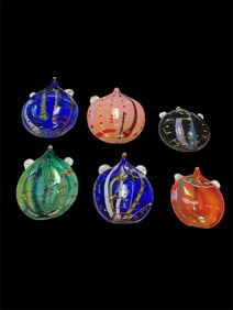 Lot of 6 Red, Green and Blue Canteed Glass Bottles.