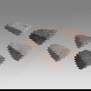 Lot of 6 Ancient Bactrian Stone Game Pieces c.3000 BC.: Lot of 6 Ancient Bactrian Stone Game Pieces c.3000 BC. Size 1 3/4 - 2 1/4 inches high. Unsual collection of 6 stone game pieces four sided with flat base. Provenance: Private Collection Of Dale
