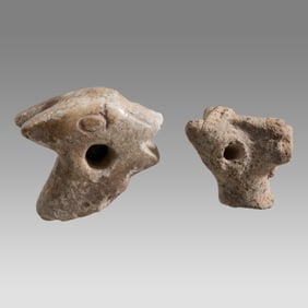 Ancient Near Eastern, Mesopotamian Terracotta and Stone Bull Heads c.1000-800 BC. (2)