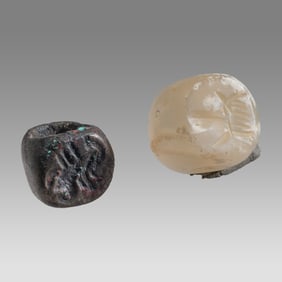 Lot of 2 Ancient Sasanian Bronze and Agate Stamp Seals c.6th century AD.