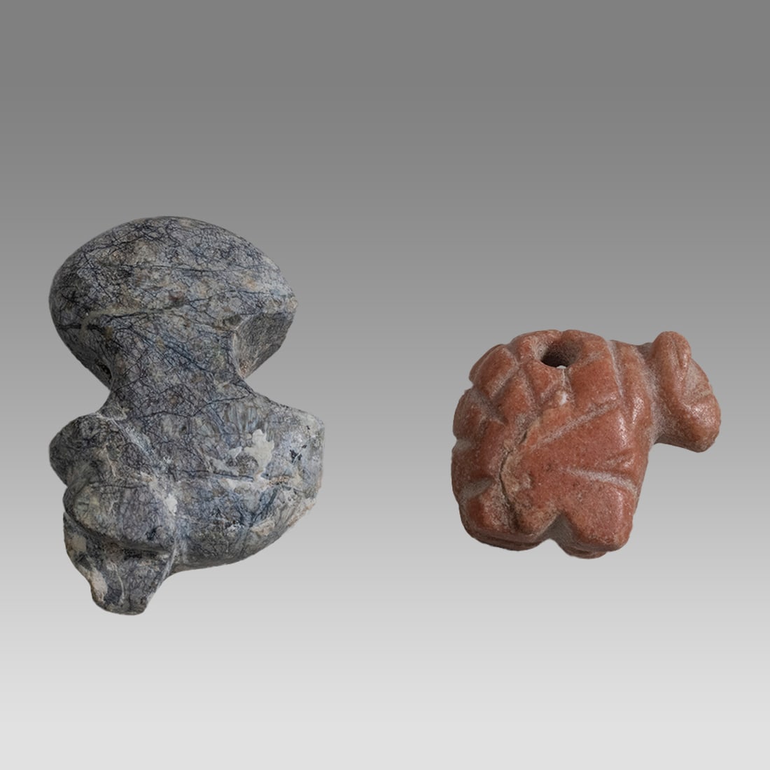 Ancient Mesopotamian Jamdit Nasr Stone Animals c.5000-3000 BC.: Ancient Mesopotamian Jamdit Nasr Stone Animals c.5000-3000 BC. Size 22-35 mm. Fine carved stone animals with Suspebsion hole. Provenance: Private Collection Of Dale McKeeby, CA acquired in the USA Mar