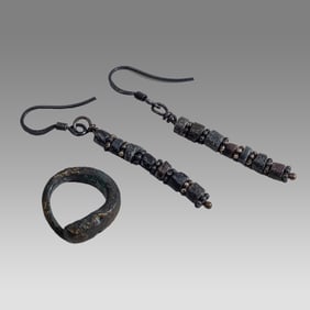 Pair Of Ancient Roman Stone Beads Earrings, Snake Ring c.1st-2nd century AD.