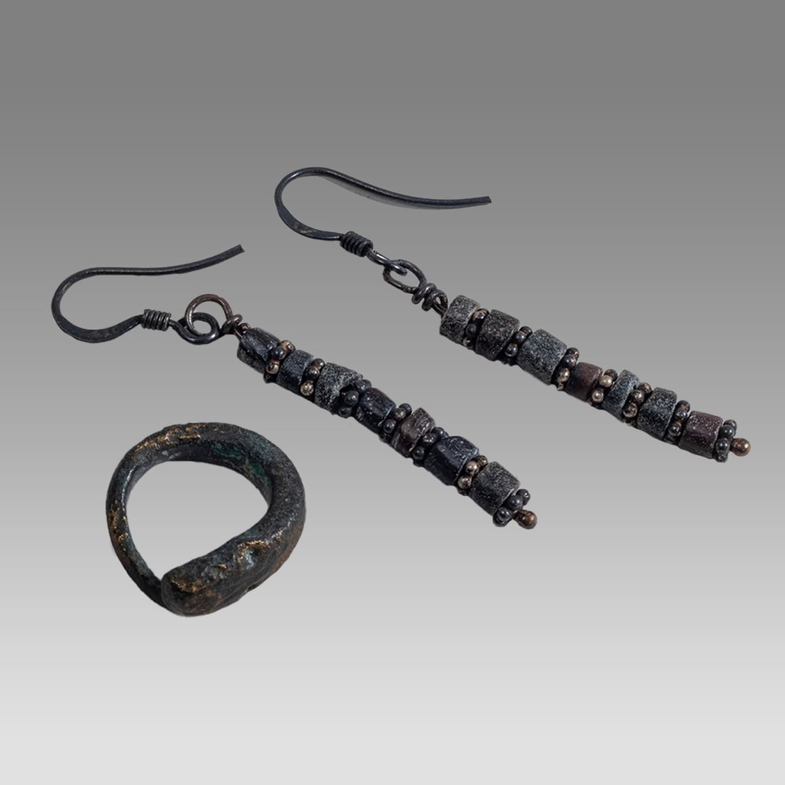 Pair Of Ancient Roman Stone Beads Earrings, Snake Ring c.1st-2nd century AD. (1 of 1)