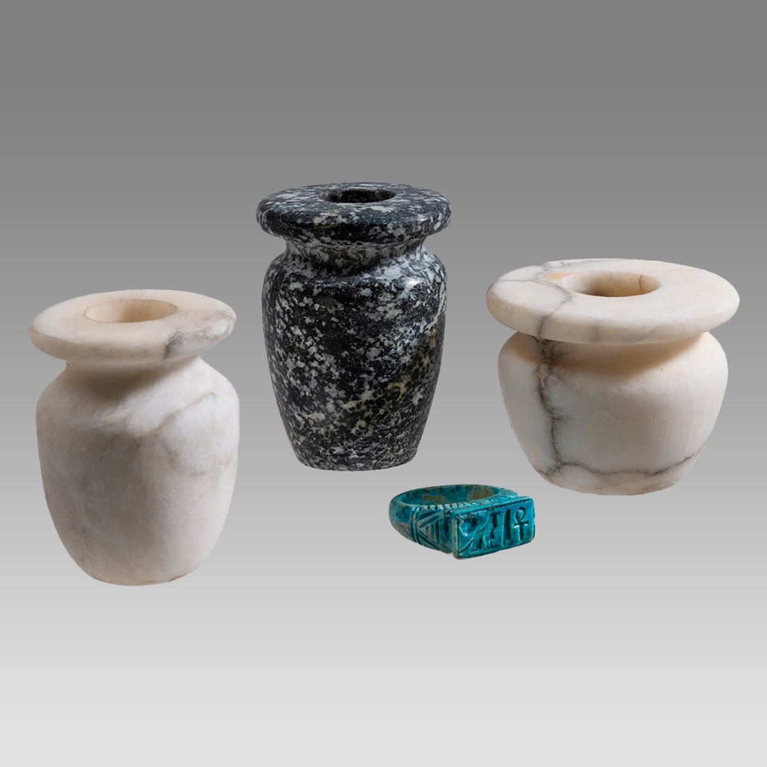 Lot of 3 Egyptian Style Stone Vessels and a Steatite Ring. (1 of 2)