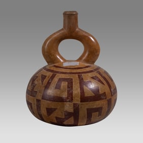 Ancient Pre Columbian, Moche Polychrome Stirrup Vessel c.400-750 AD.