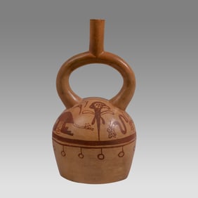 Ancient Pre Columbian, Moche Polychrome Stirrup Vessel c.400-750 AD.
