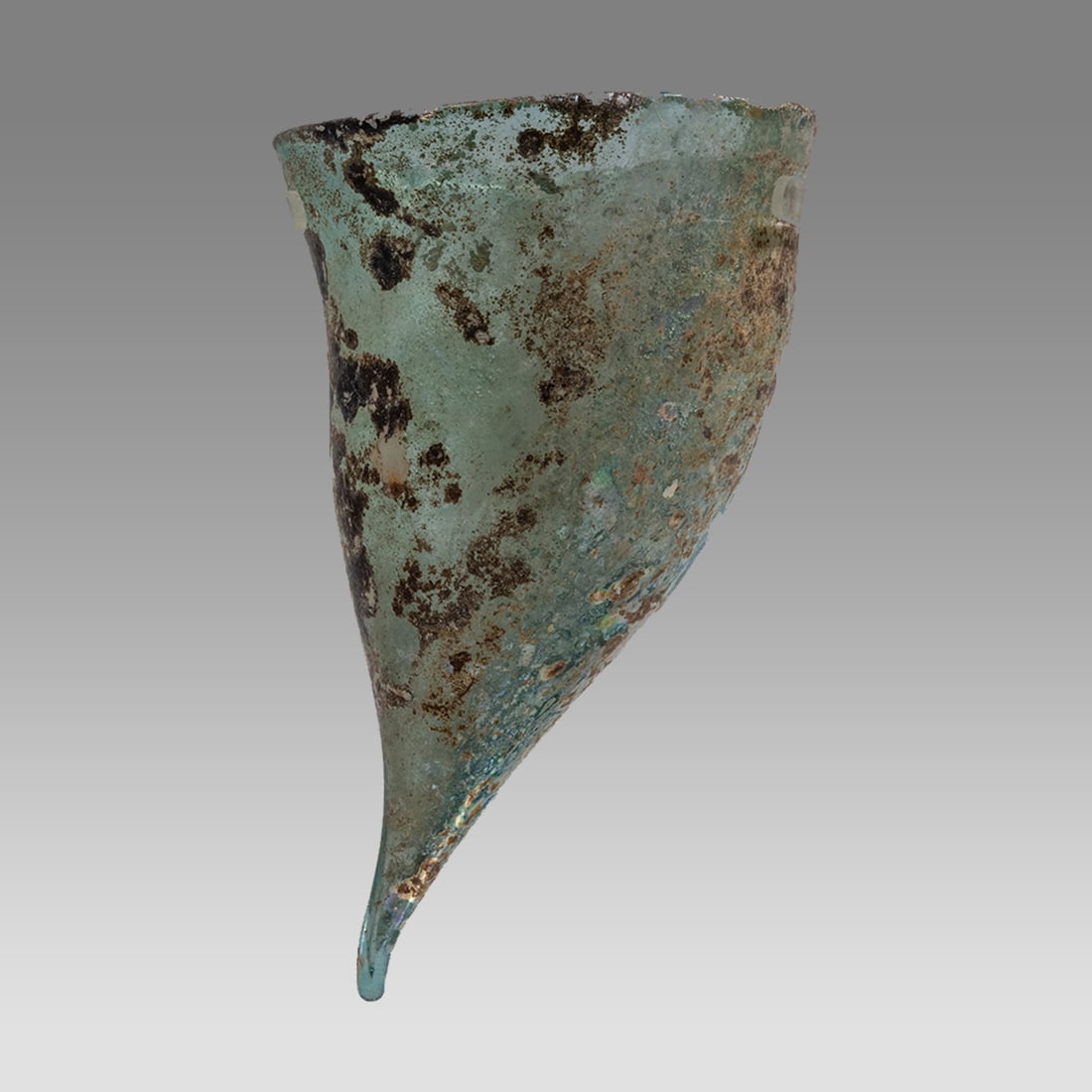 Ancient Roman Light Green Glass, Rhyton, Late Roman 1st-3rd C CE,: Ancient Roman Light Green Glass, Rhyton, Late Roman 1st-3rd C CE, Size 5 1/8 inches high + stand, intact and rare type – with custom stand. Reference: Solid Liquid 197, Morin-Jean figure 202, Missin