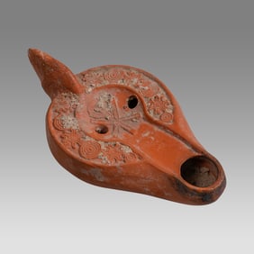 Ancient Roman, north Africa, Red ware Oil Lamp With Chi Rho ca. 4th century AD.
