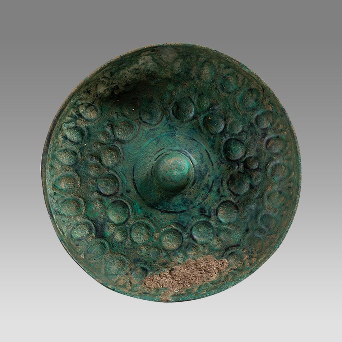 Ancient Luristan Bronze Phiale Bowl c.800 BC.: Ancient Luristan Bronze Phiale Bowl c.800 BC. Size 6 3/8 inches diameter, 1 1/4 inch high. Fine cast bronze Phiale bowl decorated with almond and circular relief pattern. Provenance: Ex NYC Collection