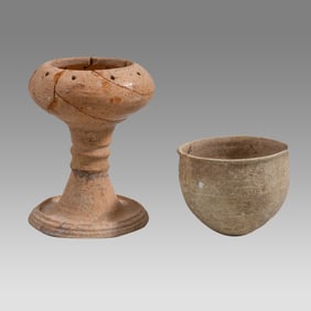 Ancient Holy Land Iron Age II Fenestrated Pottery Chalice, Bowl ca. 8th Century BCE. (2)