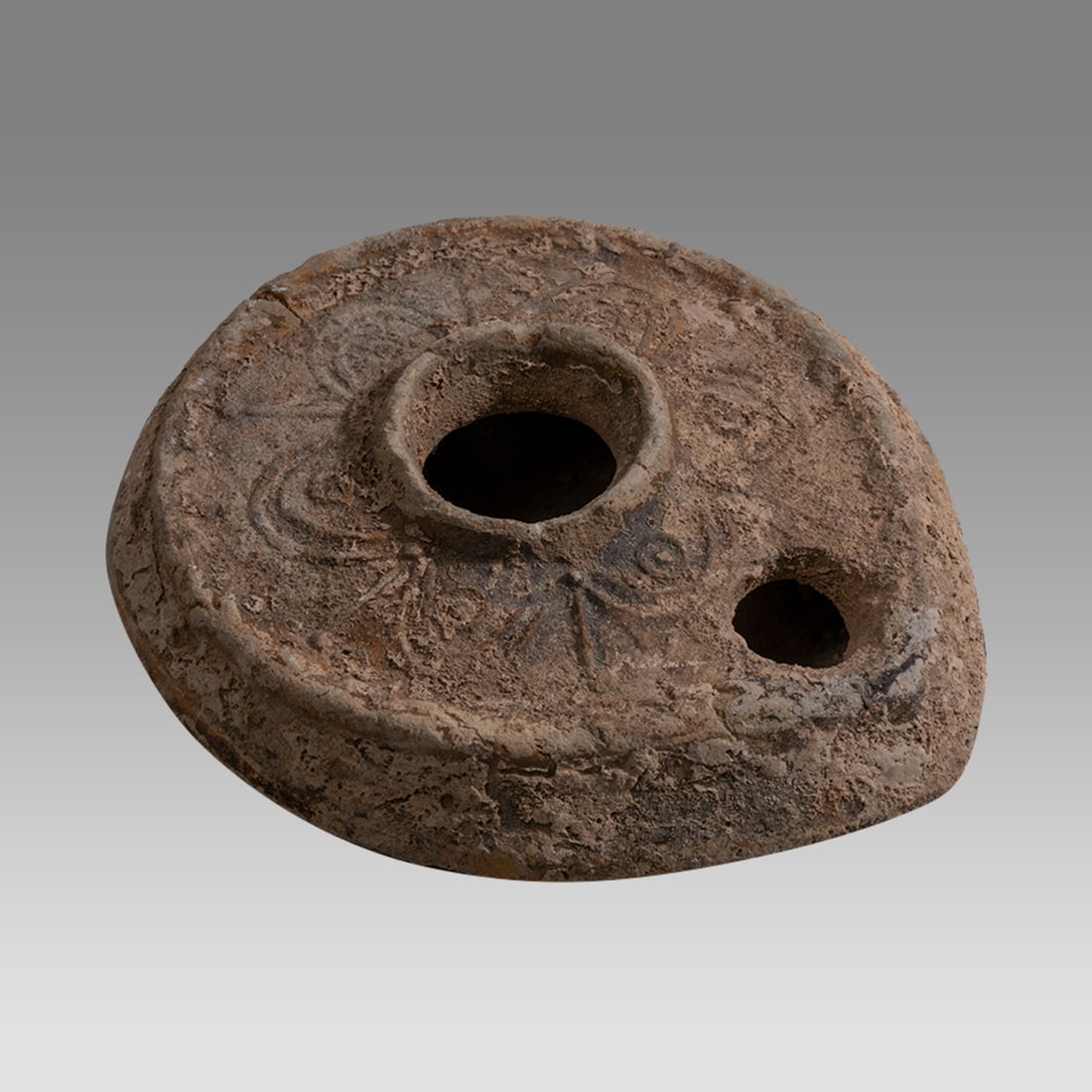 Ancient Holyland Byzantine Terracotta Oil Lamp c.5th century AD.: Ancient Holyland Byzantine Terracotta Oil Lamp c.5th century AD. Size 3 1/4 inches length. Fine red Terracotta oil lamp decorated with ornate design. Provenance: From a Private NYC Collection acquired