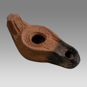 Ancient Holyland Byzantine Terracotta Oil Lamp With Cross c.5th century AD. Size 4 1/4 inches
