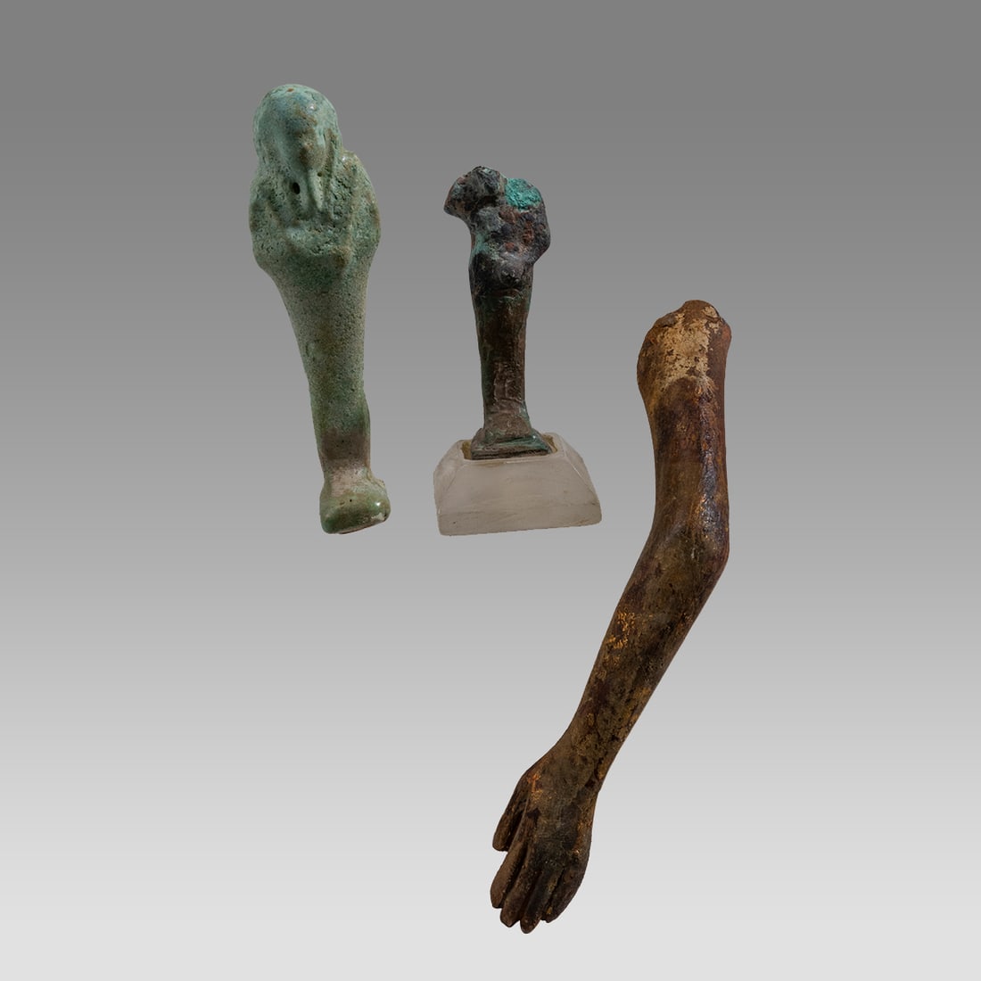 Lot of 3 Ancient Egyptian Bronze Amun, Wood Hand, Faience Ushabti c.600-30 BC. (1 of 2)