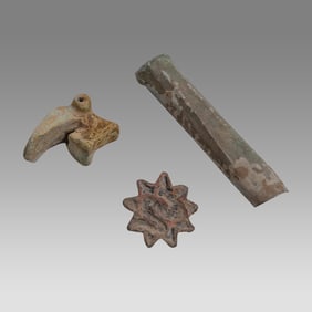 Lot of 3 Ancient Bronze Axe head, Mesopotamian Toy Chariot, Islamic Bronze Amulet. c.2000 BC.