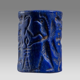 Mesopotamian Lapis Lazuli Large Cylinder Seal with Presentation Scene.
