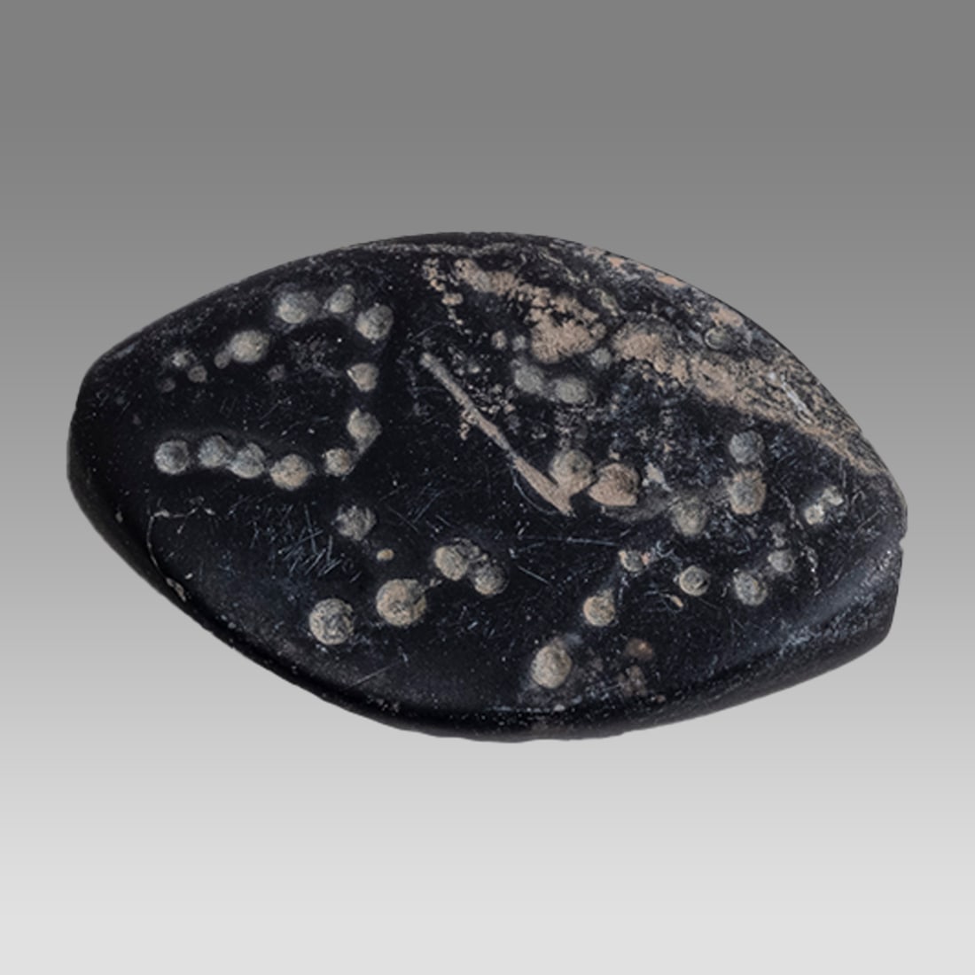 Ancient Mesopotamian Pre Dynastic Stamp Seal.: Ancient Mesopotamian Pre Dynastic Stamp Seal. Size 30 x 20 mm. Large carved black stone stamp seal with animal. With Professor Lambert report. Provenance: Private collection, bought via London art mar