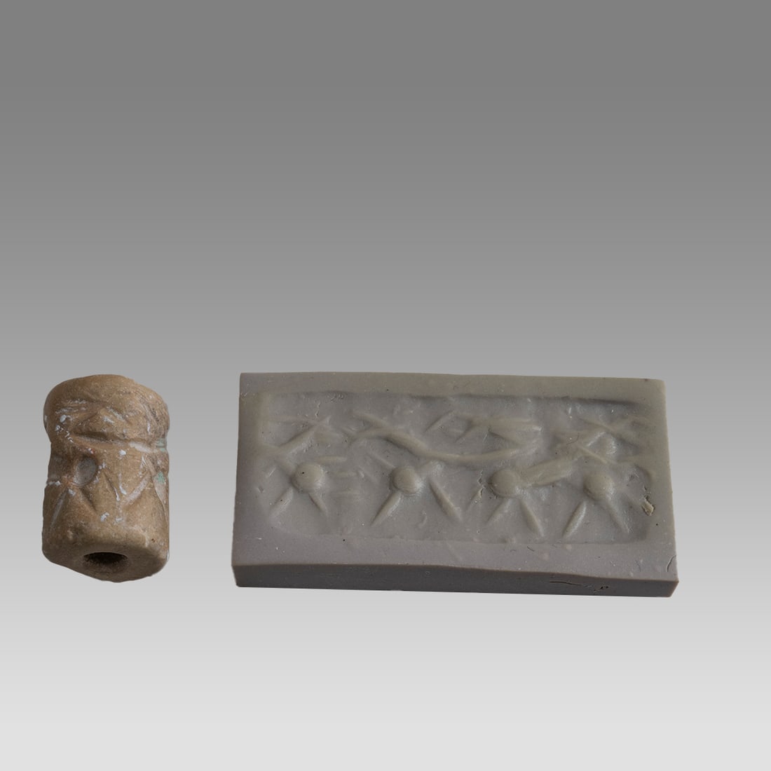 Ancient Mesopotamian Stone Cylinder Seal Seal.: Ancient Mesopotamian Stone Cylinder Seal Seal. Size 19 x 12 mm. carved stone cylinder seal with animals. Provenance: Private collection, bought via London art market, formerly in a 1970s/80s Swiss col