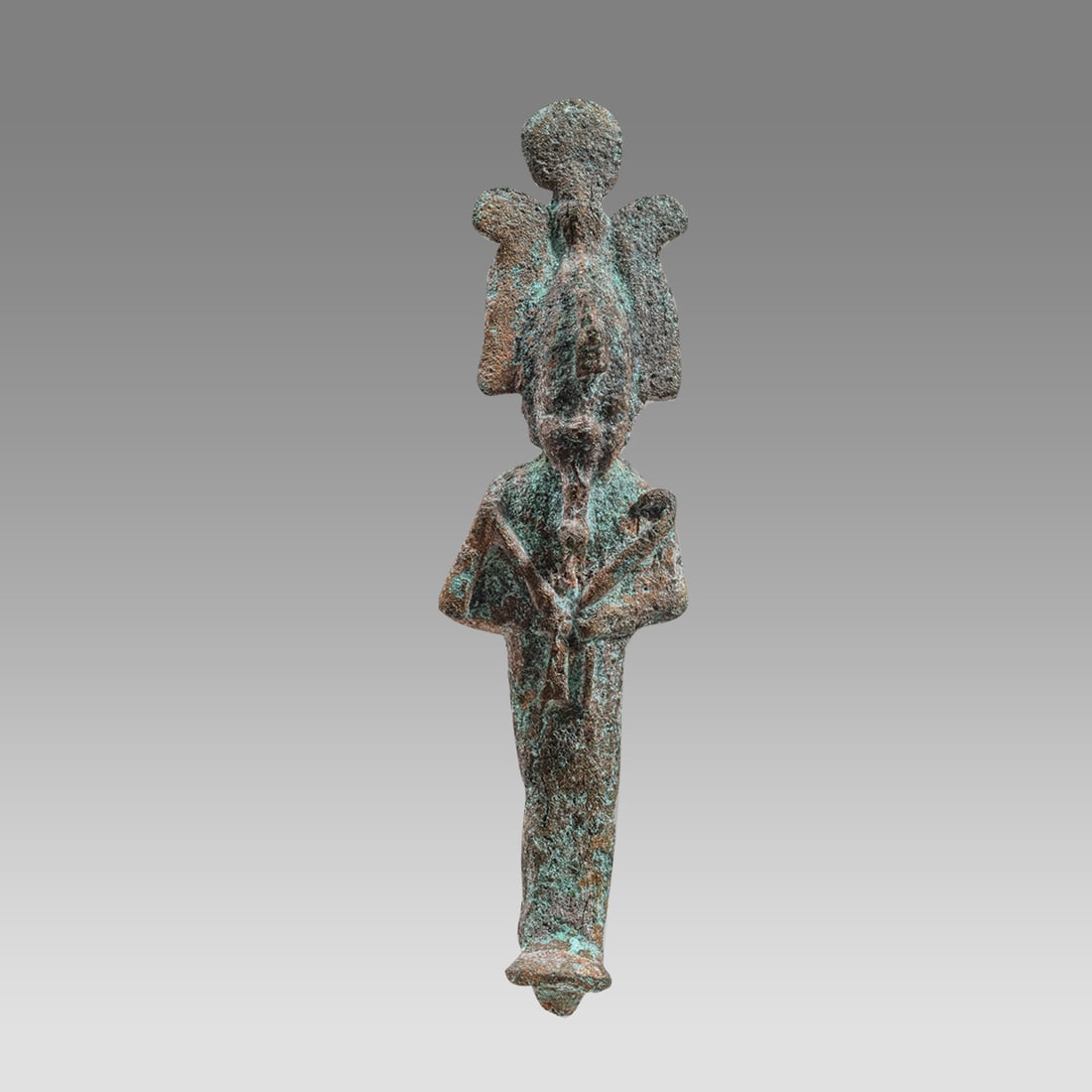 Ancient Egyptian Bronze Figure Of Osiris Late Period c.634-330 BC.: Ancient Egyptian Bronze Figure Of Osiris Late Period c.634-330 BC. Size 3 inches high. Cast bronze figure of god Osiris in mummiform with a braided divine beard, wearing atef-crown, arms folded across