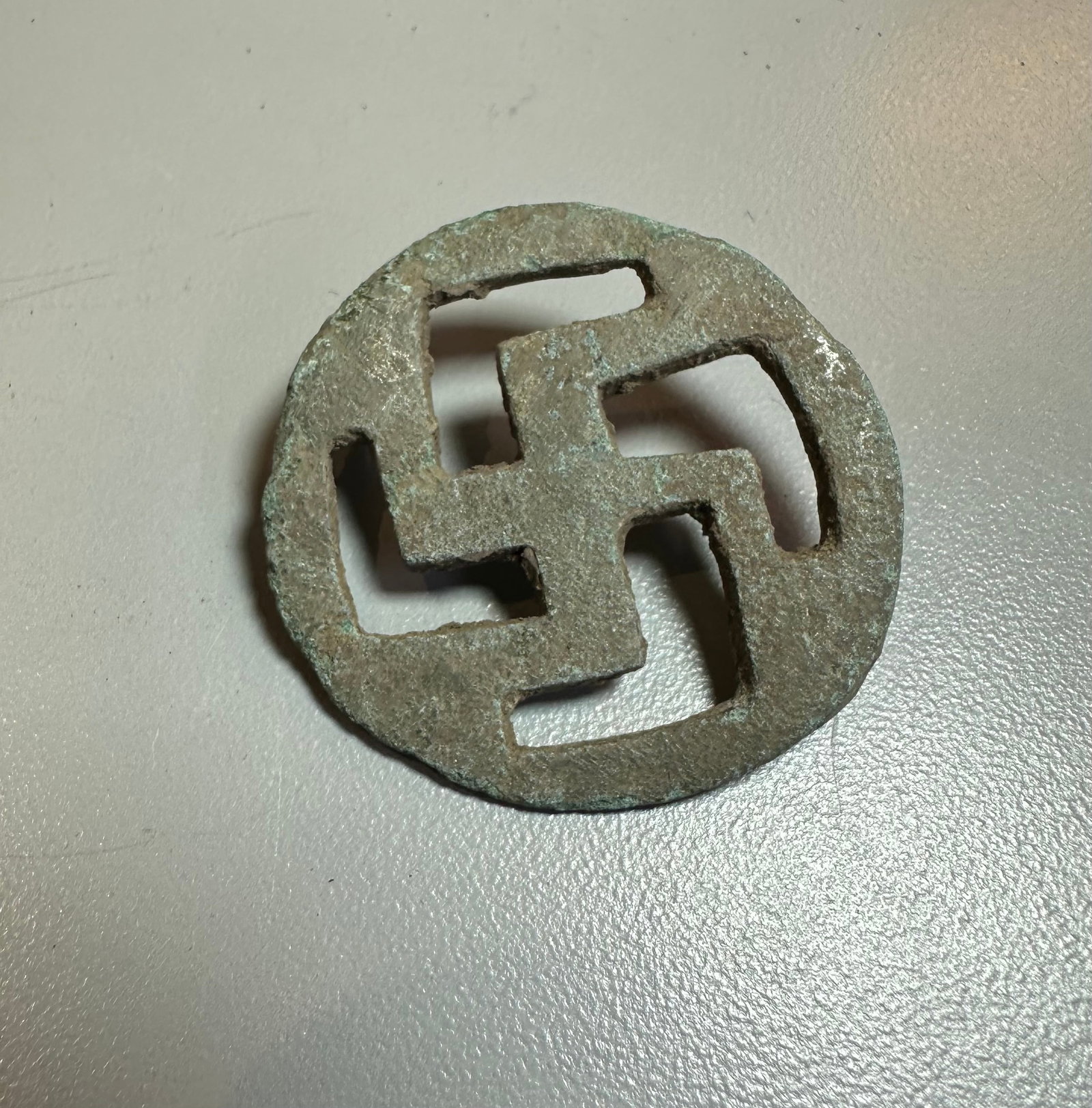 Ancient Roman, Bronze Swastika Fibula c.2nd-4th century AD.: Ancient Roman, Bronze Swastika Fibula c.2nd-4th century AD. Size 1 3/8 inch length. Fine Ancient Roman cast bronze Swastika Fibula, missing pin. choice patina. Provenance: Private collection, bought v