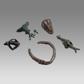 Lot of 5 Ancient Roman Silver and Bronze Finials, Bell, Bracelet c.1st cent AD.
