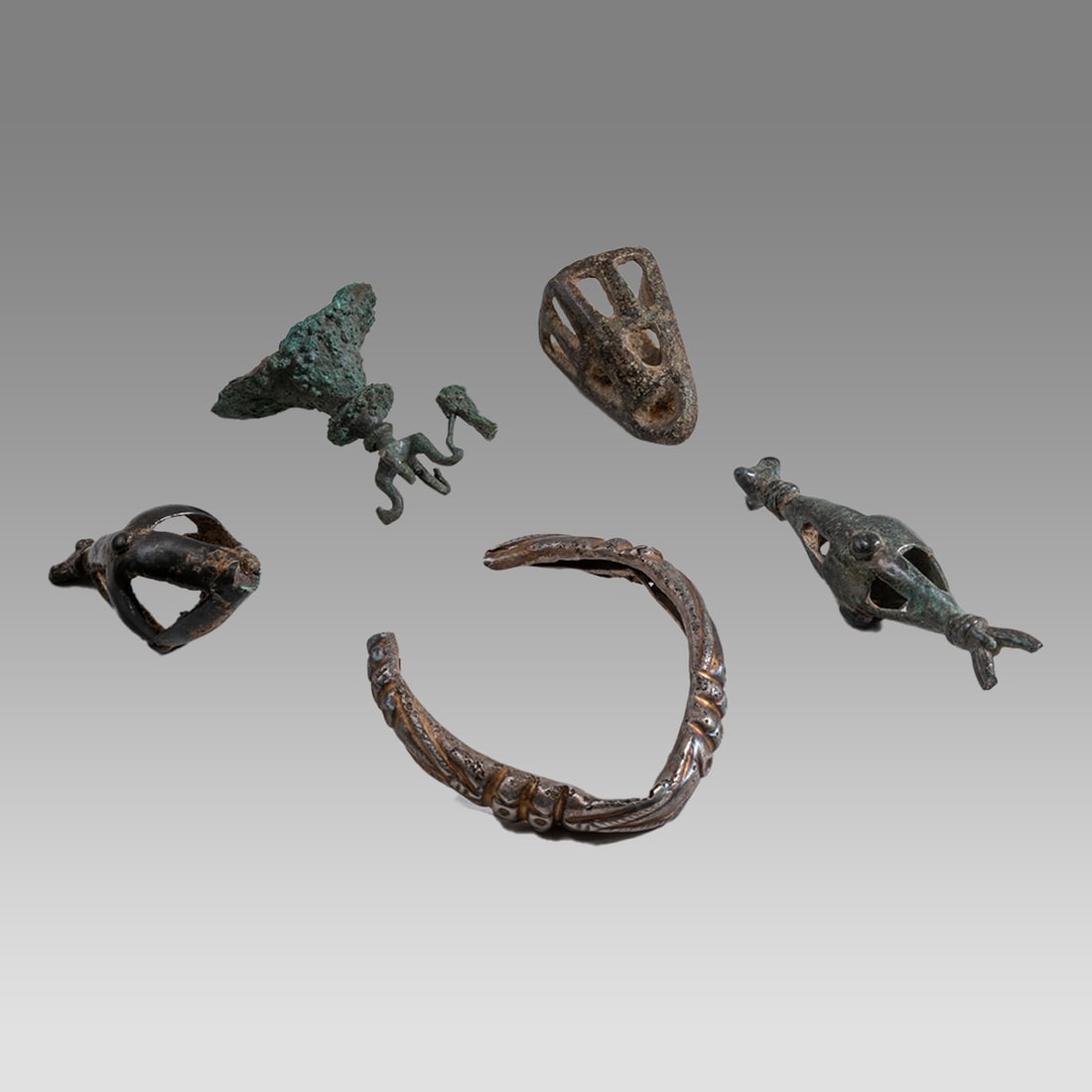 Lot of 5 Ancient Roman Silver and Bronze Finials, Bell, Bracelet c.1st cent AD. (1 of 1)