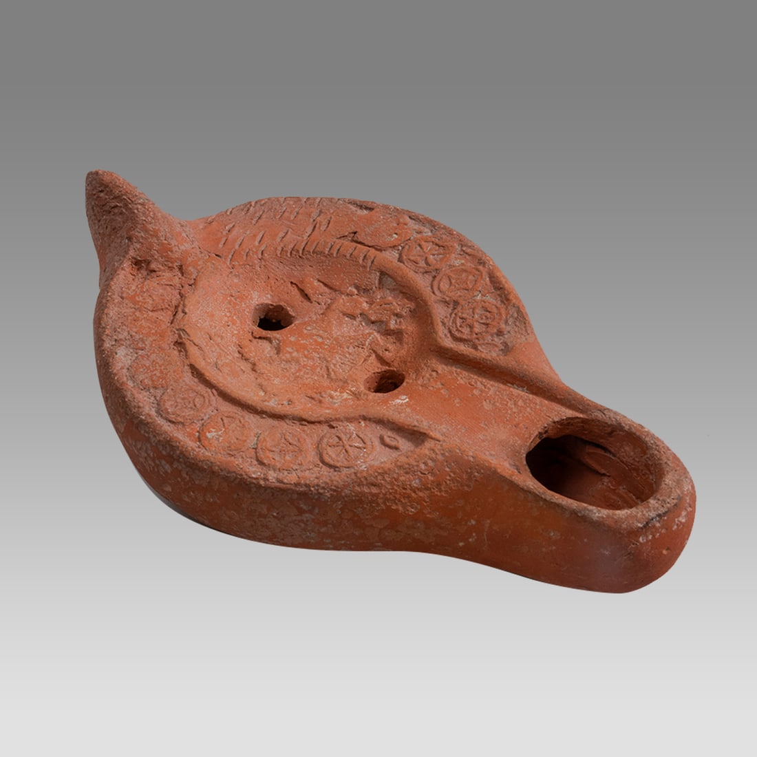Ancient Roman North Africa, Redware Pottery Oil Lamp c.2nd century AD. (1 of 2)