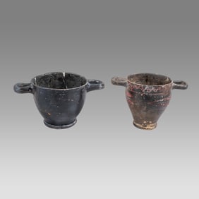 Lot of 2 Ancient Magna Graecia Greek Blackware Skyphos c.350 BC.
