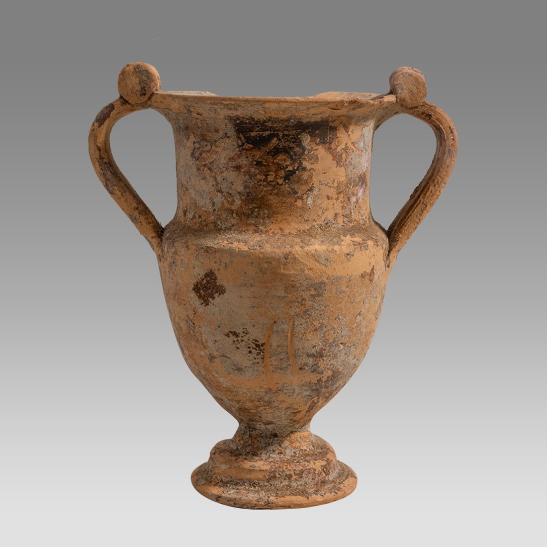 Ancient Greek Magna Graceia Campanian Pottery Krater c.4th century BC.: Ancient Greek Magna Graceia Campanian Pottery Krater c.4th century BC. Size 6 inches high.5 inches across handle spam. Lovely form small pottery Krater with twin strap handles. Provenance: Private col